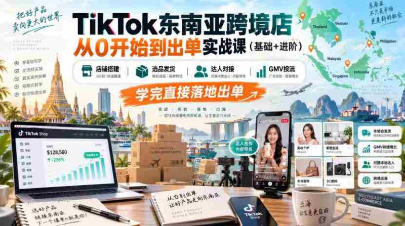 TikTok东南亚跨境店从0开始到出单实战课(基础+进阶),店铺搭建、选品发货、达人对接、GMV投流,学完直接落地出单-湘创网