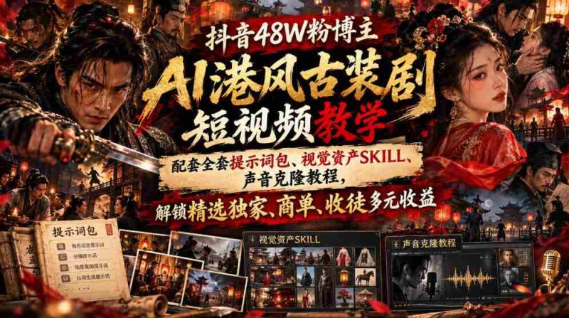 揭秘抖音48万粉丝博主AI港风古装剧短视频制作秘籍:附赠提示词包、视觉素材技巧、声音克隆指南,畅享精选收益、商业合作、收徒多重盈利-湘创网