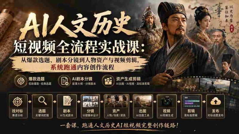 AI人文历史短视频全流程实战课-更新:从爆款选题、剧本分镜到人物资产与视频剪辑,系统跑通内容创作流程-湘创网