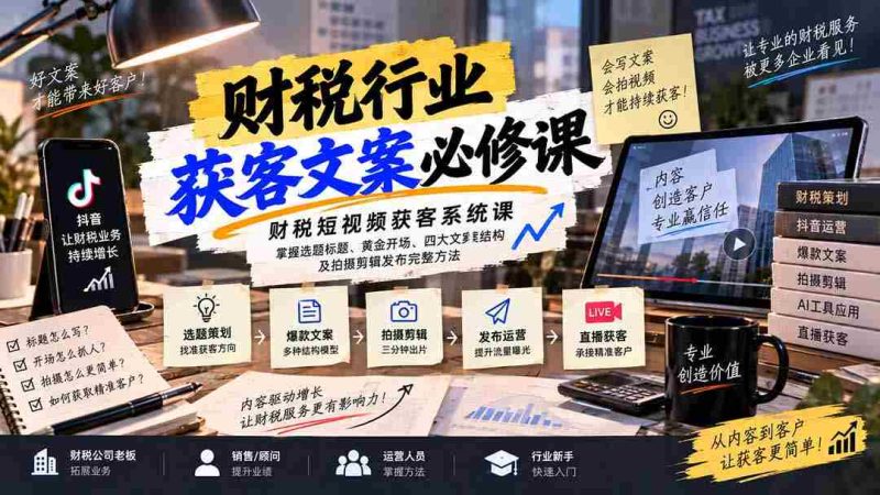 短视频财税引流秘籍:精准选题与标题,开场吸睛技巧,文案四大架构解析及拍摄剪辑发布全攻略-湘创网