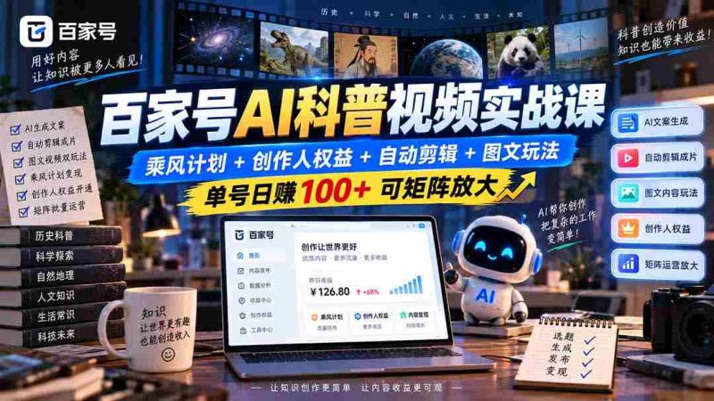 百家号AI科普视频实战课:乘风计划+创作人权益+自动剪辑+图文玩法,单号日赚100+可矩阵放大-湘创网