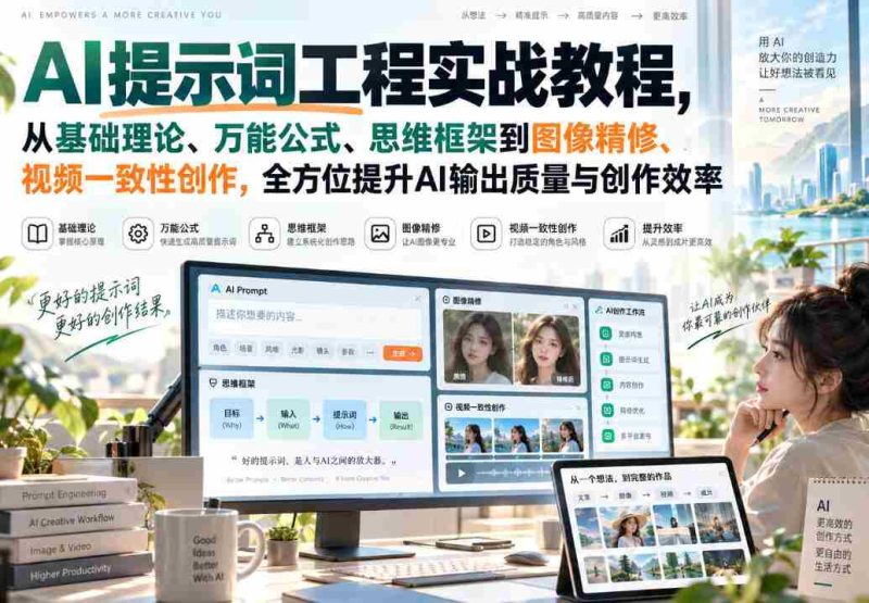 AI提示词工程实战教程,从基础理论、万能公式、思维框架到图像精修、视频一致性创作,全方位提升AI输出质量与创作效率-湘创网