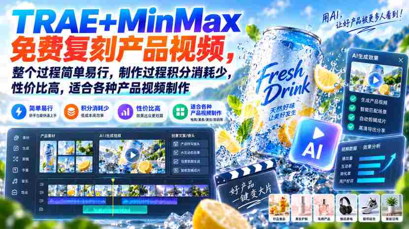 TRAE+MinMax免费复刻产品视频,整个过程简单易行,制作过程积分消耗少,性价比高,适合各种产品视频制作