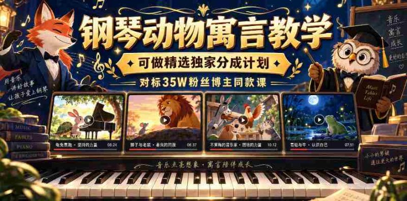 钢琴动物寓言教学,可做精选独家分成计划,对标35W粉丝博主同款课-湘创网