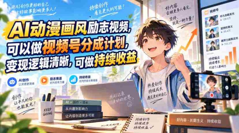 AI动漫画风励志视频,可以做视频号分成计划,变现逻辑清晰,可做持续收益-湘创网