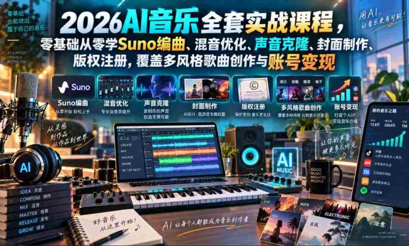 2026AI音乐制作实战攻略:零起点解锁Suno编曲、混音提升、声音复制与版权登记,多元风格创作助力账号盈利-湘创网