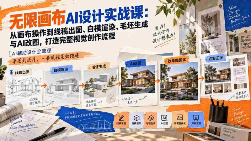 【无水印】无限画布AI设计实战课-更新：从画布操作到线稿出图、白模渲染、毛坯生成与AI改图，打造完整视觉创作流程-湘创网