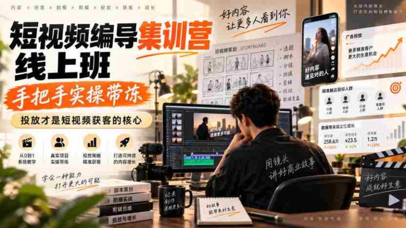 短视频编导集训营线上班,手把手实操带冻,投放才是短视频获客的核心-湘创网
