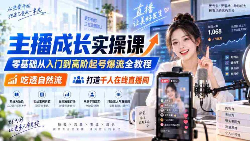 主播成长实操课|零基础从入门到高阶起号爆流全教程,吃透自然流,打造千人在线直播间-湘创网