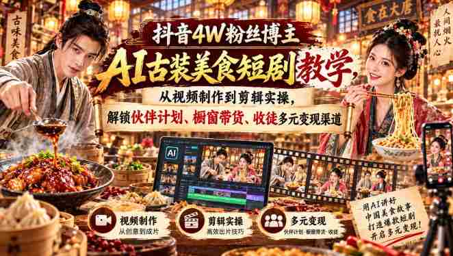 抖音4W粉丝达人揭秘:AI古装美食剧制作全攻略,实操剪辑技巧,解锁多渠道盈利秘籍-湘创网