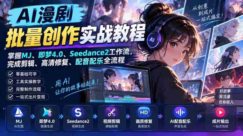 AI漫剧批量创作实战教程:掌握MJ、即梦4.0、Seedance2工作流,完成剪辑、高清修复、配音配乐全流程-湘创网