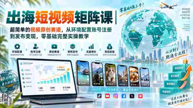 出海短视频矩阵课|超简单的视频原创赛道,从环境配置账号注册到发布变现,零基础完整实操教学-湘创网
