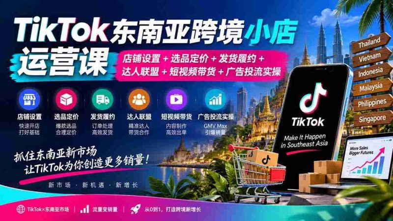 TikTok东南亚跨境小店运营课:店铺设置+选品定价+发货履约+达人联盟+短视频带货+广告投流实操-湘创网