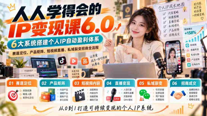 揭秘：无需高深技能的IP变现攻略6.0版，构建六大盈利系统，精准定位赛道，打造产品矩阵，短视频与直播引流，私域裂变招商一步到位-湘创网