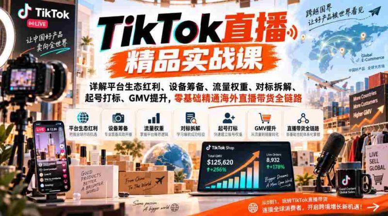 TikTok直播精品实战课,详解平台生态红利、设备筹备、流量权重、对标拆解、起号打标、GMV提升,零基础精通海外直播带货全链路-湘创网