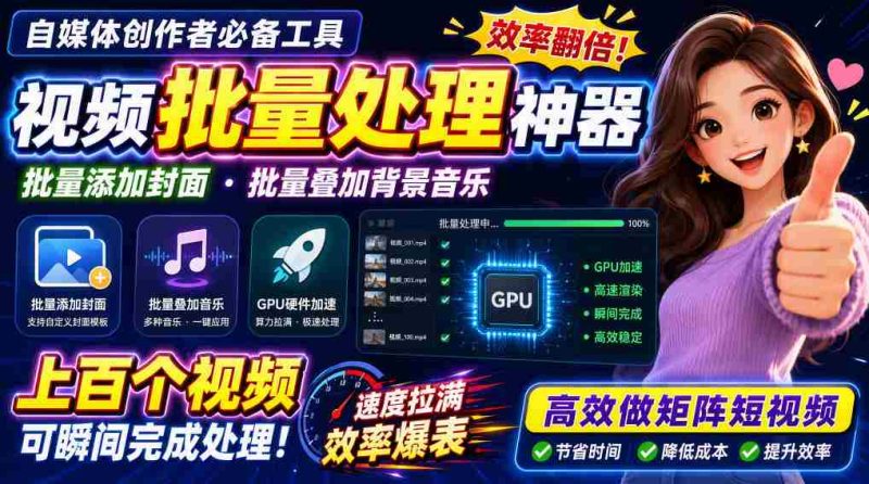 视频批量加封面，把封面添加到视频第一帧，不用剪辑软件批量添加-湘创网