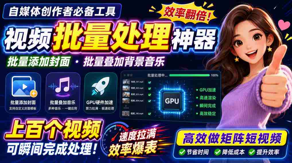 视频批量加封面，把封面添加到视频第一帧，不用剪辑软件批量添加-湘创网