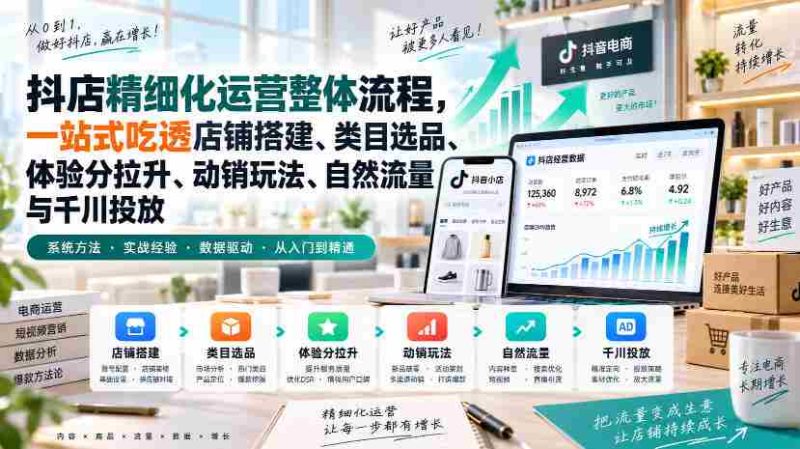 李哥电商-抖店精细化运营整体流程，一站式吃透店铺搭建、类目选品、体验分拉升、动销玩法、自然流量与千川投放-湘创网