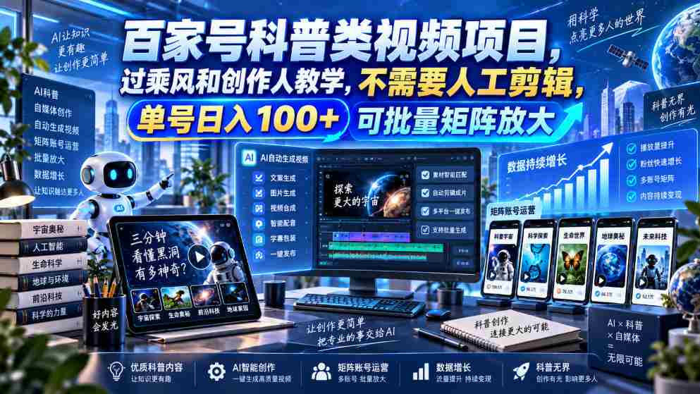 百家号科普类视频项目,过乘风和创作人教学,不需要人工剪辑,单号日入100+可批量矩阵放大