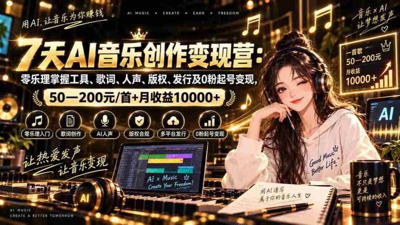 AI音乐创作变现营:零乐理掌握工具、歌词、人声、版权、发行及0粉起号变现,50—200元/首+月收益10000+-湘创网