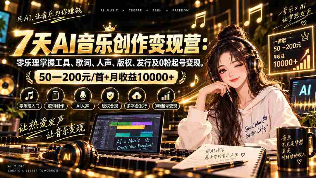 AI音乐创作变现营：零乐理掌握工具、歌词、人声、版权、发行及0粉起号变现，50—200元/首+月收益10000+-湘创网