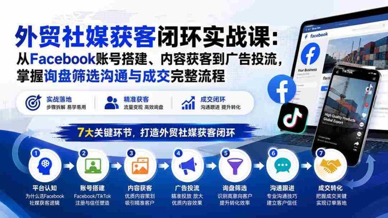 (20218期)外贸社媒获客闭环实战课:从Facebook账号搭建、内容获客到广告投流,掌握询盘筛选沟通与成交完整流程-湘创网