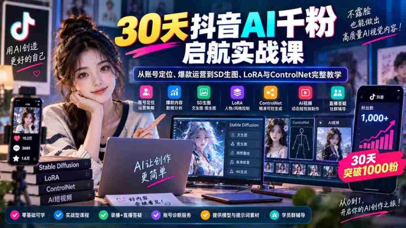 (20291期)30天抖音AI千粉启航实战课:从账号定位、爆款运营到SD生图、LoRA与ControlNet完整教学-湘创网