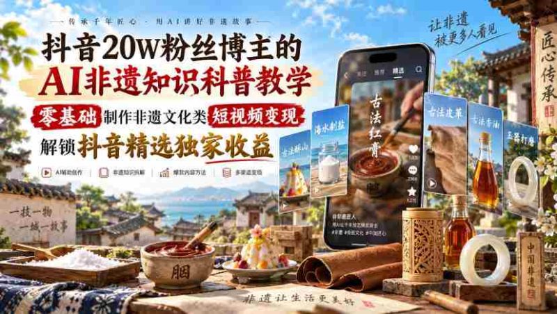 抖音20W粉丝博主的AI非遗知识科普教学，零基础制作非遗文化类短视频变现，解锁抖音精选独家收益-湘创网
