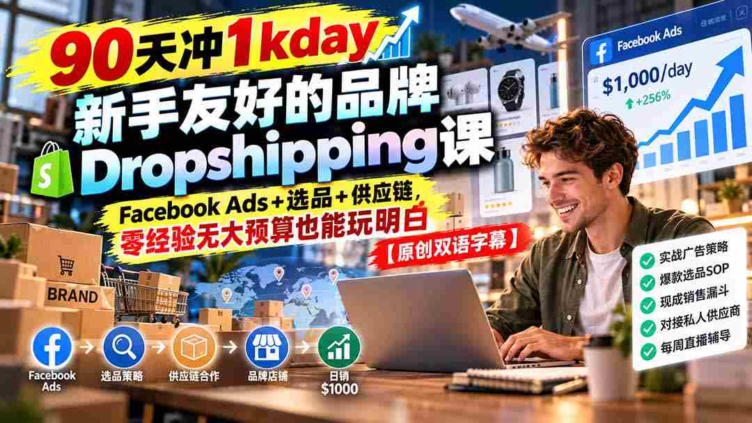 仅需90天，轻松达成1000天销量目标！新手必看：轻松掌握Dropshipping秘诀，Facebook广告、精选产品及供应链全解析【独家双语教学-湘创网