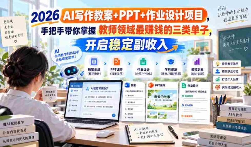 2026 AI写作教案+PPT+作业设计项目,手把手带你掌握教师领域最賺钱的三类单子,开启稳定副收入-湘创网