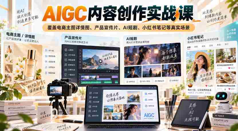 AIGC内容创作实战课,覆盖电商主图详情图、产品宣传片、AI短剧、小红书笔记等真实场景