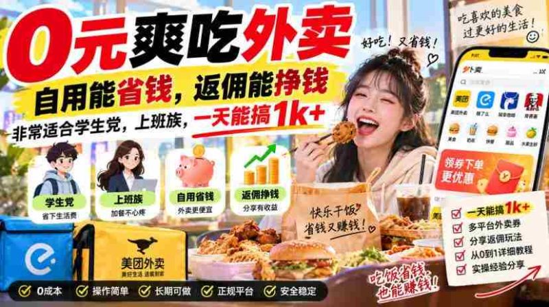 0元爽吃外卖,自用能省钱,返佣能挣钱,非常适合学生党,上班族,一天能搞1k+-湘创网