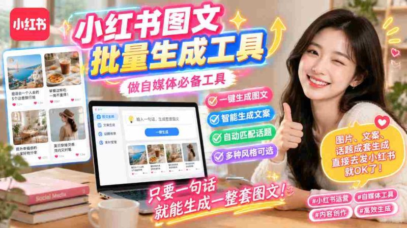 小红书图文批量生成工具,话题、文案、配图一键生成,直接发布,做自媒体必备工具-湘创网