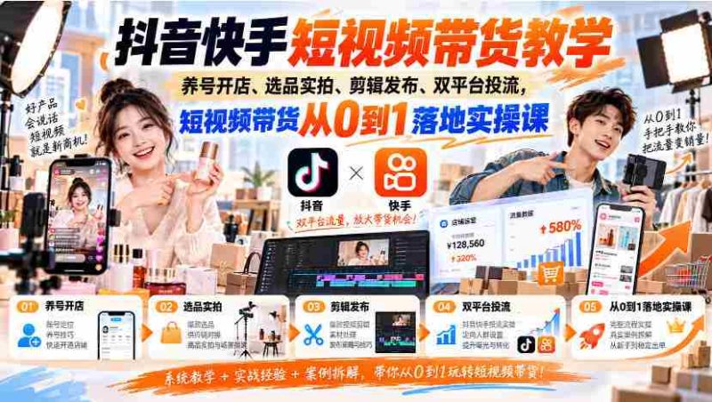 抖音快手短视频营销指南：养号开店技巧、选品拍摄策略、剪辑发布诀窍，双平台流量投放实操课程，带你轻松开启短视频带货之旅-湘创网