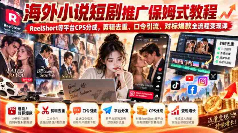 海外轻小说短视频营销指南：ReelShort等平台CPS收益解析，剪辑技巧、关键词引流、爆款对标，全方位变现课程攻略-湘创网