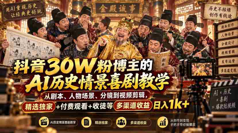 抖音30W粉博主的AI历史情景喜剧教学,从剧本、人物场景、分镜到视频剪辑,精选独家+付费观看+收徒等多渠道收益日入1k+