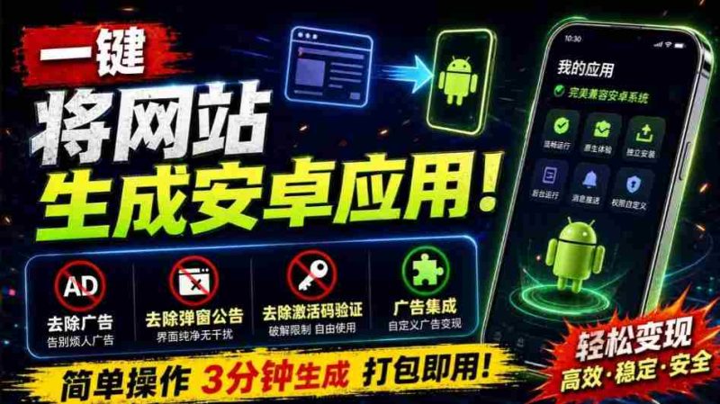 目前最好用，一键将网站生成安卓应用！支持去除广告、弹窗公告、激活码验证、广告集成等web-to-app-湘创网
