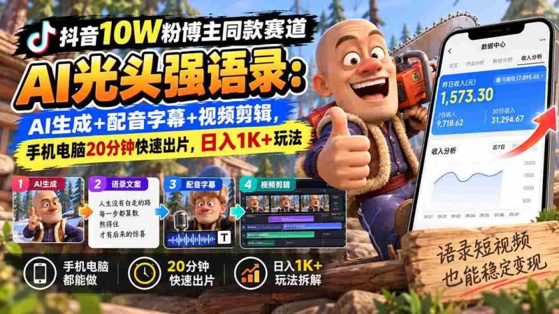 抖音十万粉丝达人热推：AI光头强台词新玩法，智能生成+语音字幕+视频剪辑，仅需手机电脑20分钟，轻松日赚千元-湘创网