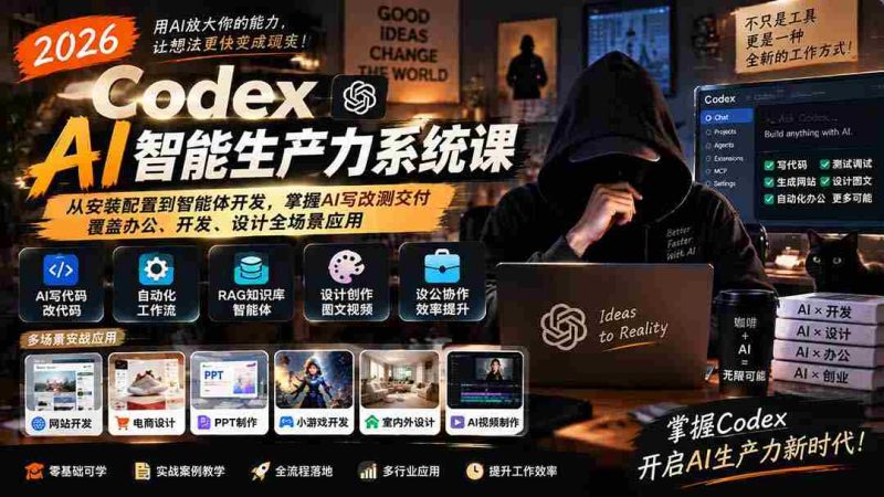 2026年Codex AI智能生产力课程升级版:全方位学习AI技术,从安装到开发,精通AI写作、修改、测试与交付,适用办公、开发、设计各领域-湘创网