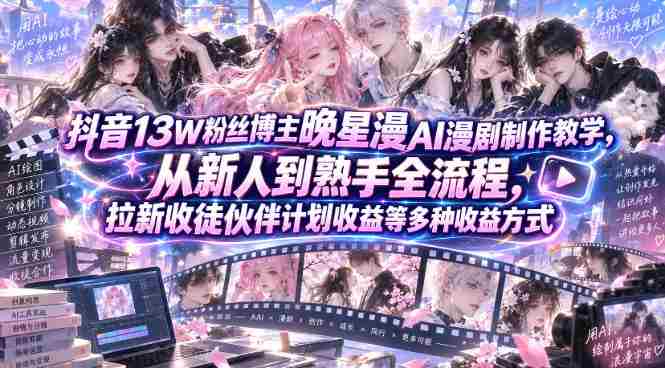抖音13W粉丝博主晚星漫AI漫剧制作教学,从新人到熟手全流程,拉新收徒伙伴计划收益等多种收益方式,单日1K+-湘创网