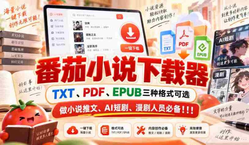 精选番茄小说下载神器,支持TXT、PDF、EPUB格式,小说推广、AI短剧、漫画剧制作必备利器!-湘创网