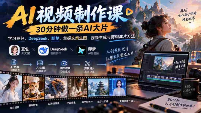 AI视频制作课-30分钟做一条AI大片:学习豆包、DeepSeek、即梦,掌握文案生图、视频生成与剪辑成片方法-湘创网