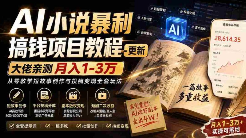 （20357期）AI小说短故事暴利搞钱项目教程-更新，大佬亲测月入1-3万，从零教学短故事创作与投稿变现全套玩法-湘创网