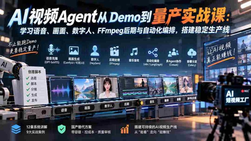 AI视频Agent从Demo到量产实战课:学习语音、画面、数字人、FFmpeg后期与自动化编排,搭建稳定生产线-湘创网