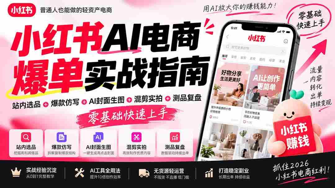 2026年小红书AI电商爆款攻略：站内精选商品+创意爆款复制+智能封面设计+混合剪辑+产品测试复盘，新手轻松掌握实操技巧-湘创网