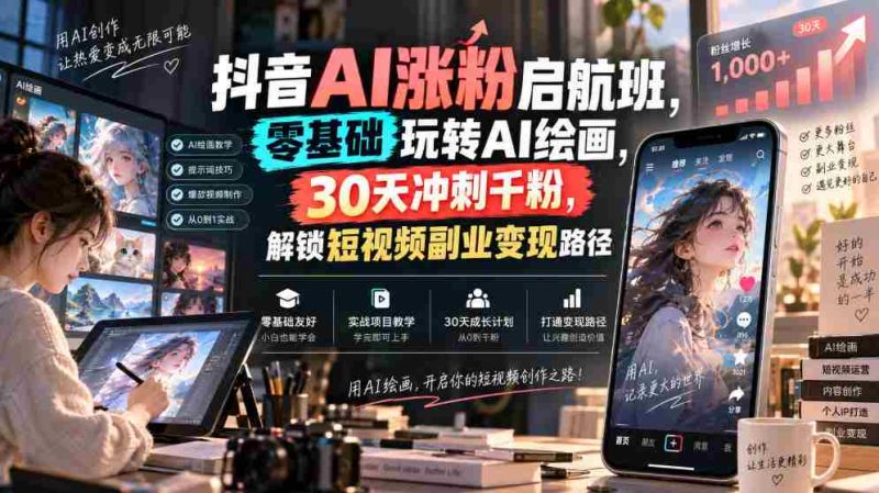 抖音AI涨粉启航班,零基础玩转AI绘画,30天冲刺千粉,解锁短视频副业变现路径-湘创网