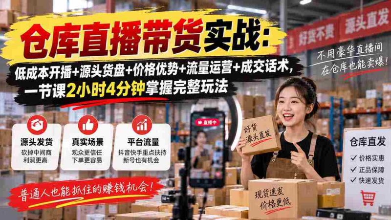 仓库直播带货实战:低成本开播+源头货盘+价格优势+流量运营+成交话术,一节课2小时4分钟掌握完整玩法-湘创网