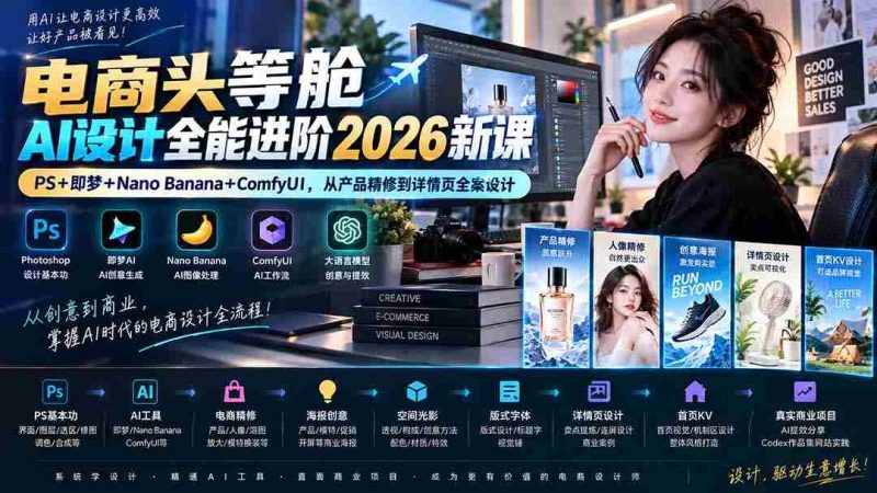 （20284期）电商头等舱AI设计全能进阶2026新课：PS+即梦+Nano Banana+ComfyUI，从产品精修到详情页全案设计-湘创网
