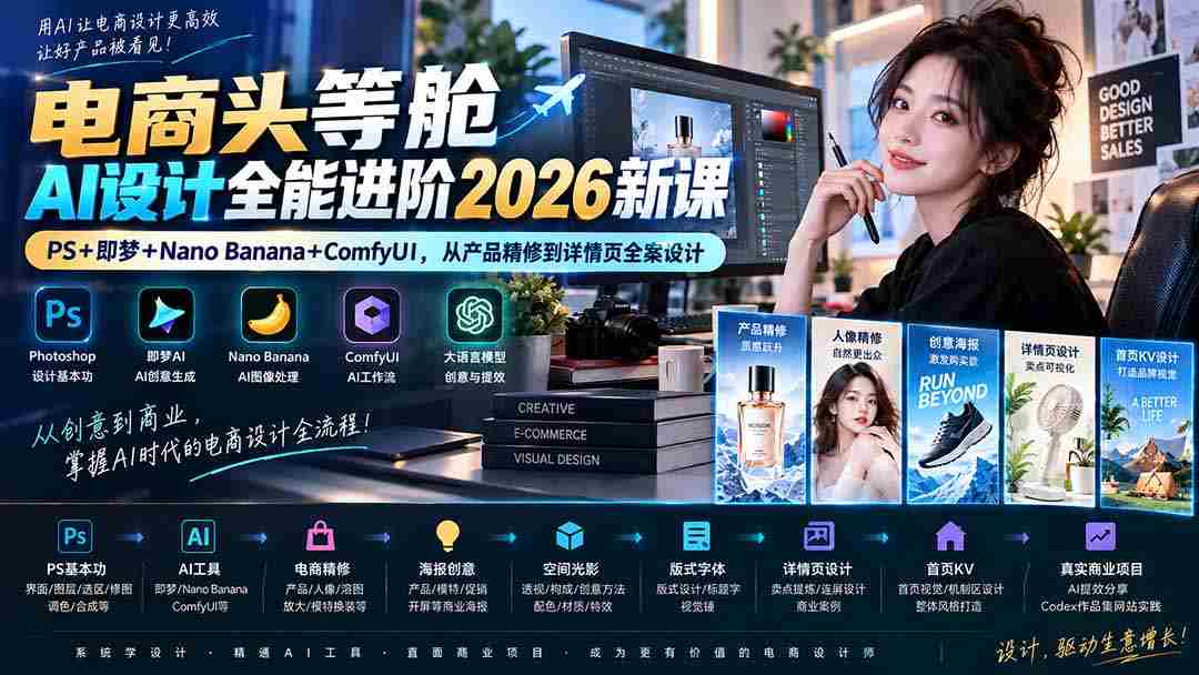 （20284期）电商头等舱AI设计全能进阶2026新课：PS+即梦+Nano Banana+ComfyUI，从产品精修到详情页全案设计-湘创网