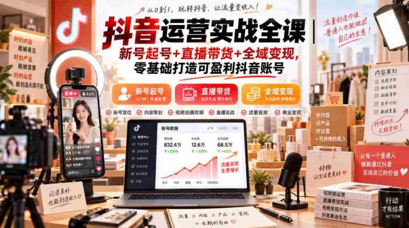抖音运营实战全课|新号起号+直播带货+全域变现,零基础打造可盈利抖音账号-湘创网